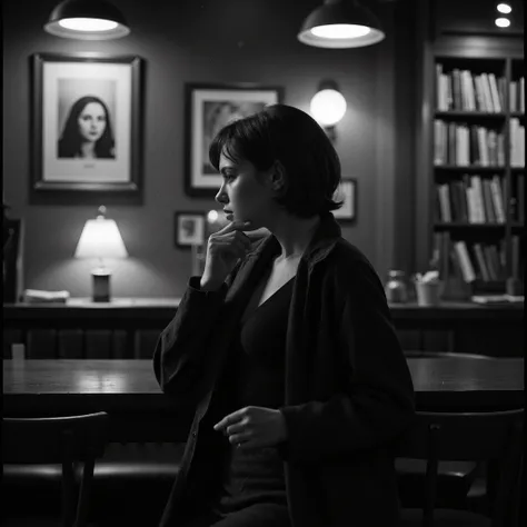 (Professional photograph)++, contemplative woman, short dark hair, (dimly lit café or bar)++, (dark jacket over black top)++, profile view, resting hand on face, lost in thought, wooden chairs, tables, bookshelves, framed portrait on wall, (moody and intro...