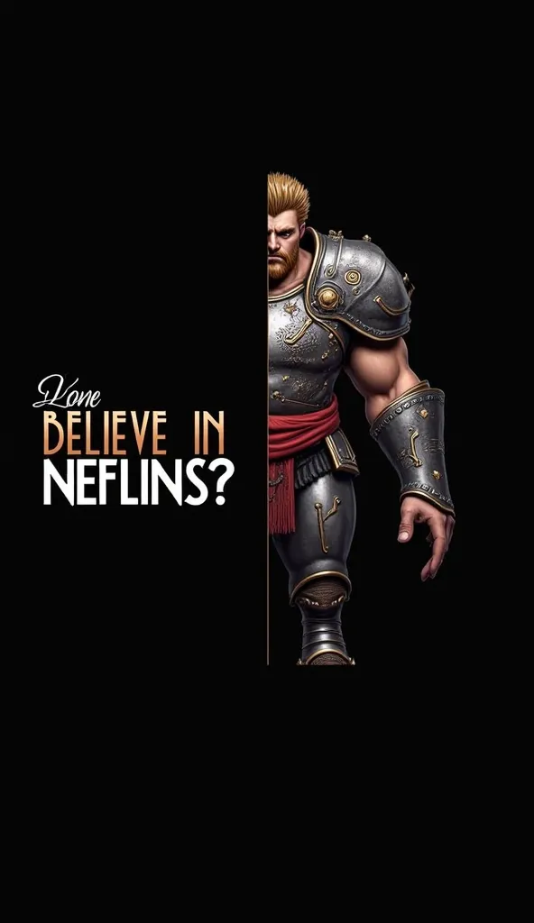 Split screen: on one side, a realistic illustration of a giant with ancient armor; on the other, featured text: 'Do you believe in Nefilins?', modern and minimalist style, contrasting colors, dark background.