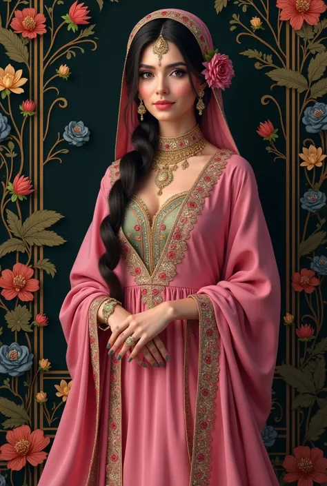 "A stunning woman in a traditional Persian or Central Asian-inspired embroidered gown, featuring vibrant pink fabric with intricate floral embroidery in gold, blue, and green. She wears an elegant headscarf with a matching embroidered border, and her long,...