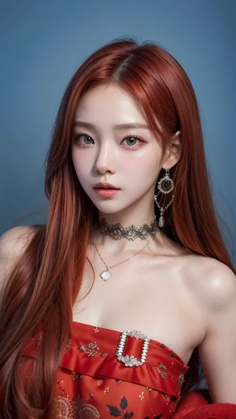 Winter aespa,with a beautiful face,ulzzang with porcelain skin.nining aespa with long healthy and shiny red hair.ultra high resolution,photorealistic:1.4,UHD. artificial intelligence version
