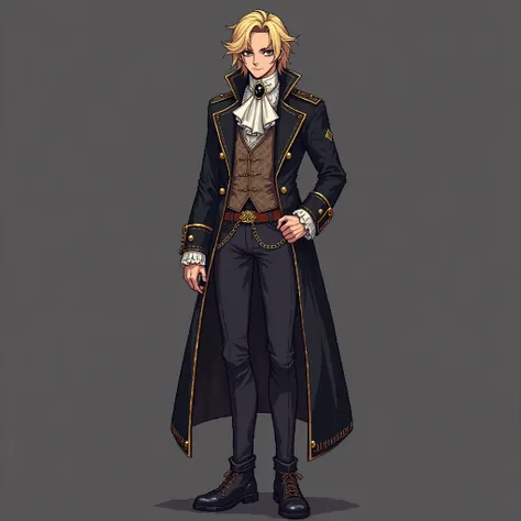 "A male character in detailed full-body pixel art with a Gothic-Victorian aesthetic. He has medium-long and slightly disheveled blond hair, with a tuft falling over his face.  His eyes are sharp ,  with an intense look , and he wears thin lenses with a dar...