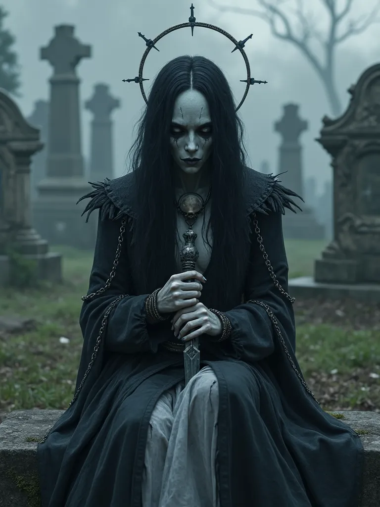 Beautiful necromancer ghost woman entity with transparent white half skull face,with long black hair,gostly figure at the cemetery, holding a morgul blade as she lingers over the graves,dark realistic photography,dark art, occult dark art,surreal atmospher...