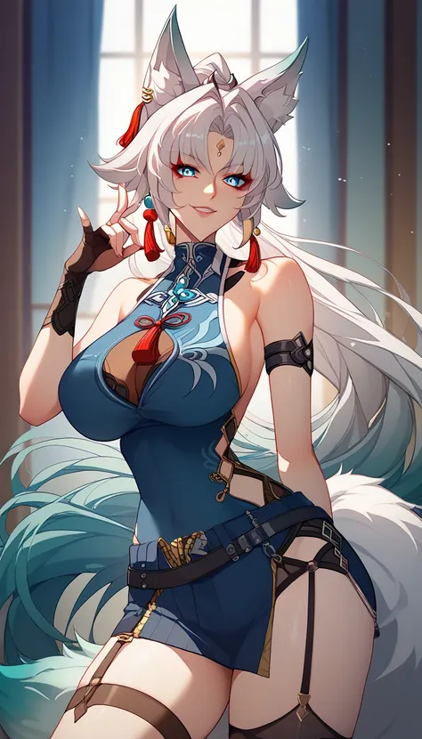 oboro、 (FeixiaoDefault, animal ears, long hair, ponytail, gradient hair, white hair, blue eyes,black general uniform, gold forehead jewel, ear piercing, tassel hair ornament, tassel earring,thight strap,arm strap (animal ears,fox ears,tail),((fox tail:1.5)...