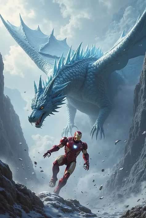 An ice dragon ,iron man, smoke ,furacao ,  ice mountains  