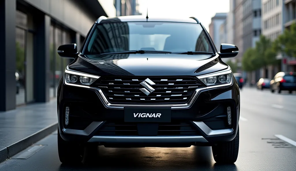 "A high-quality image of the 2025 Suzuki Vignar in sleek black color, captured from the front angle. The car's modern LED headlights, bold grille, and aggressive bumper design are clearly visible. The glossy black paint reflects the surrounding cityscape, ...