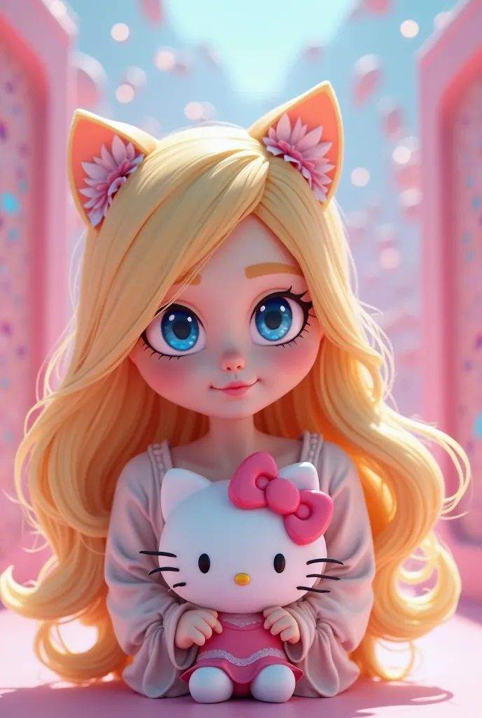 A Roblox profile picture of hello kitti and a Roblox head with long blond hair and blue eyes