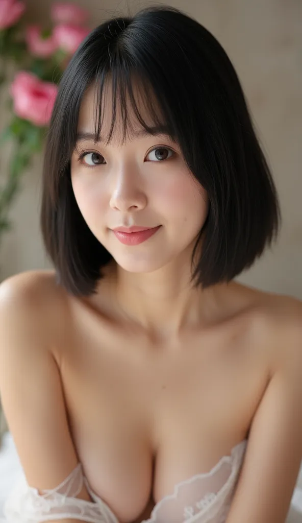 A semi whole body image of a beautiful korean woman with dark brown eyes, she has a super detailed eyes, she has alluring soft smile, mid-short hair just above her shoulders, her hair is straight and the color is natural black and she has not so pale skin ...