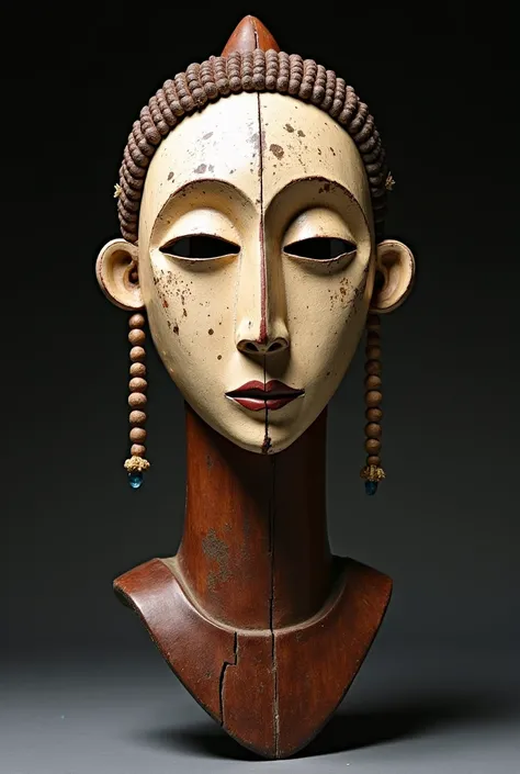 "Un masque africain artisanal inspiré des traditions d’Afrique de l’Ouest, reflétant la mélancolie et la vulnérabilité de l'homme. Son bois sculpté à la main est marqué par des fissures symbolisant un passé douloureux. Les couleurs dominantes sont des tein...