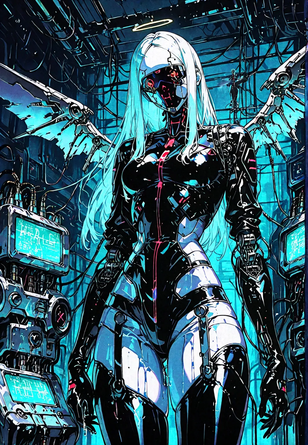 front view: Angel girl, white skin, wings , latex costume, fluids,  robotic circuits , breasts, devices futuristic, lagrimas, ((Crucified in a cybernetic machine)), circuits, . Background: cyberpunk city. dark atmosphere.