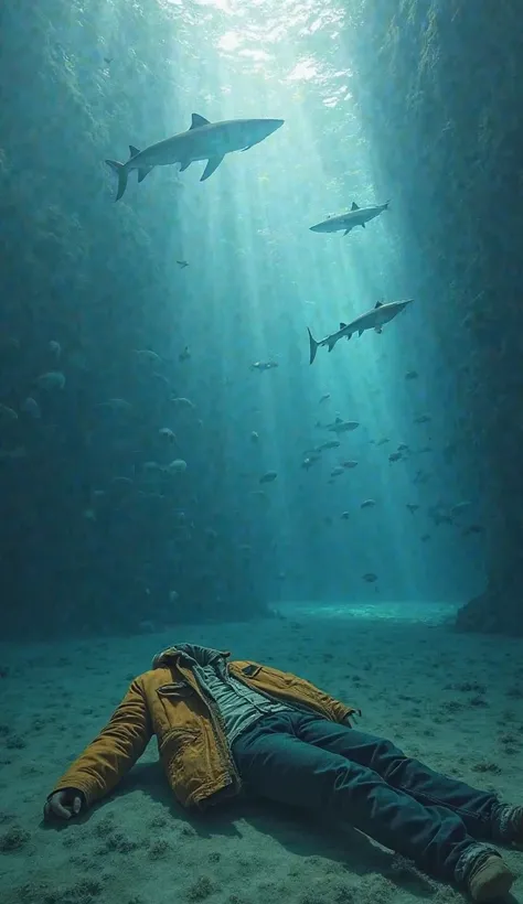 A jacket at the bottom of a large shark tank