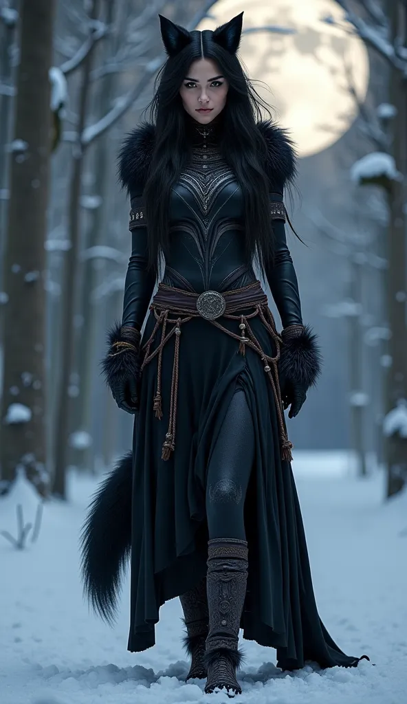 *A powerful hybrid of a woman and a black wolf stands in the middle of the snowy forest, illuminated by the pale glow of the full moon. Her body is covered in thick, sleek black fur with silver streaks running down her arms and back. Her face retains human...