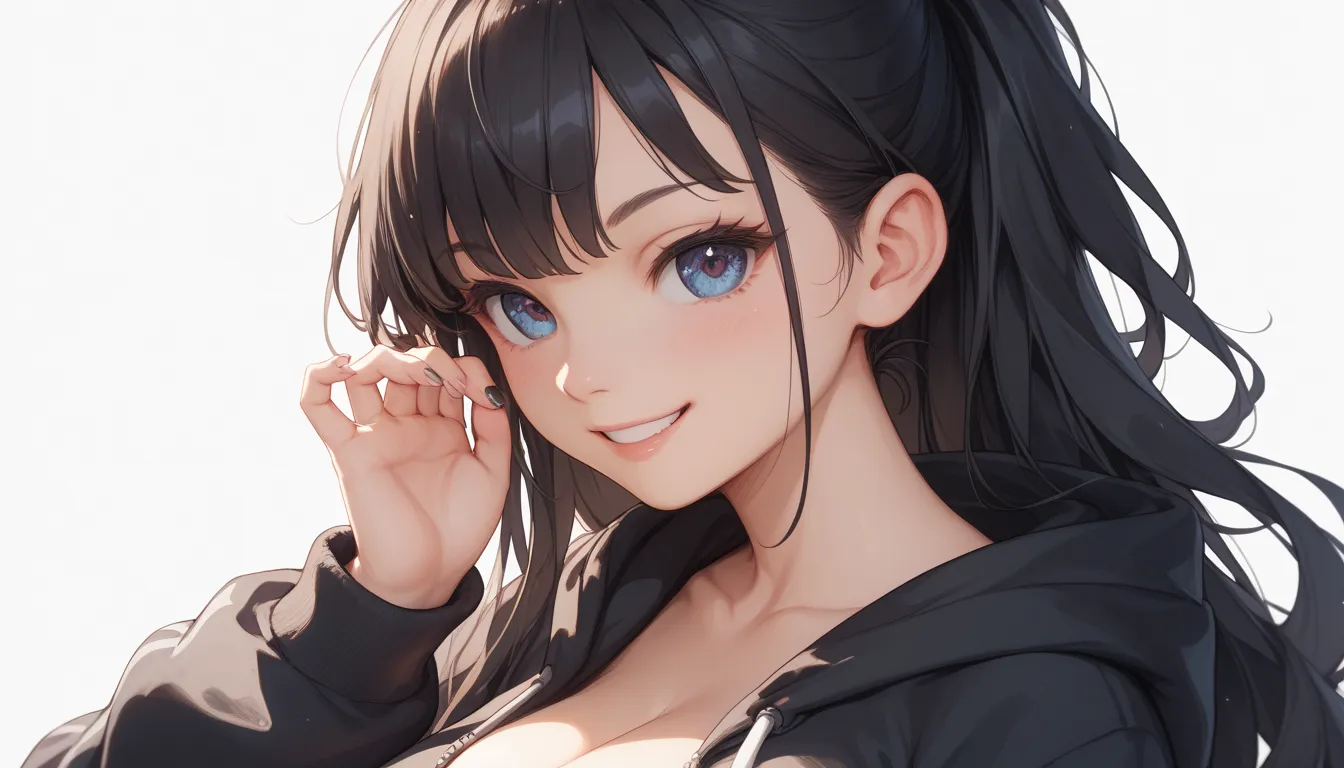 simple background、1 girl、 black hair long hair、cute、younger sister、Big Breasts、smile、black hoodie