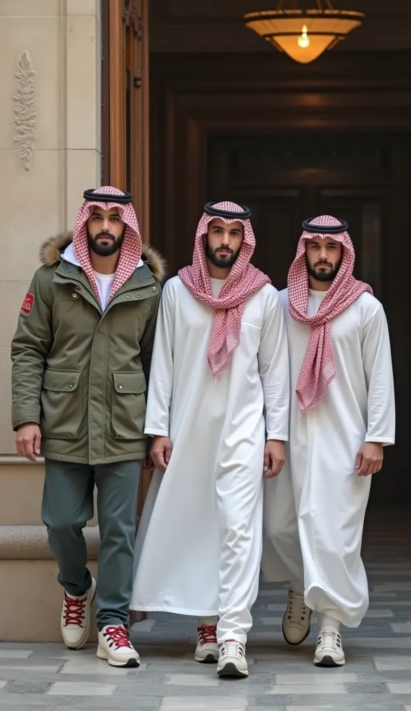 Des groupes de jeunes hommes européen blanc barbus habillé de parka  avec djellaba en dessous avec le foullard  keffieh palestinien couvrant la tête avec des baskets de sport au pied qui sorte de l'entrée d'un  l'immeuble  hlm