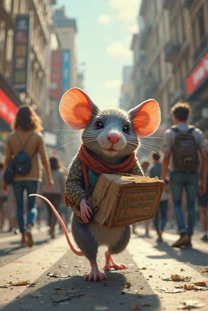 Rat holding a written work book goes to work