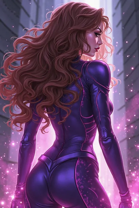 create an anime character inspired by the villain Scarlet Witch looking from the back with curly brown hair, fair skin and violet costume