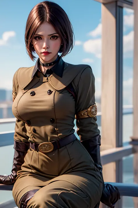 Beautiful woman, military uniform, solo, beautiful, detailed, realistic, large breasts, Brown eyes, makeup, lipstick, sexy, serious face, perfect, perfect body, belt, Long gloves, short Brown hair Long ends, choker, muscular, half body, look at viewer, MAS...