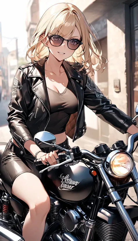 blond woman in leather jacket sitting on motorcycle With sunglasseses on, leather clothing, Picture of a female biker , motorcycleに座って, leather clothes, motorcycleに乗る, dressed in biker leather, Bike, With sunglasseses, With sunglasses, leather, Attractive ...