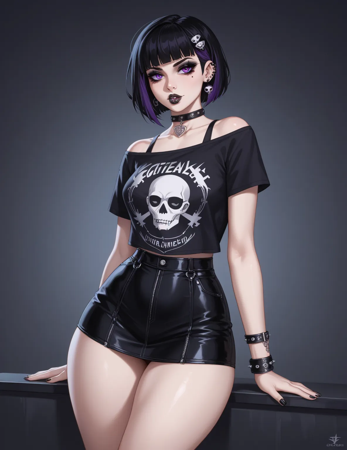 black hair, purple eyes shirt,  short body, teacher big boobs, thick thighs,  black clothes,  gothic clothing,  gothic makeup , Gothic girl , perfect body,  tetuda, tatuajes, emo,  emo dress