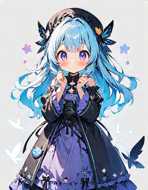  best detail、highest quality、 1 girl，，Blink，      world's cutest girl     ， Milk white and blue hair color 、  long hair、wear a colorful and cute gothic kimono costume   ,   Star Fairy  ,wear a colorful and cute gothic kimono costume    with little fairy fe...