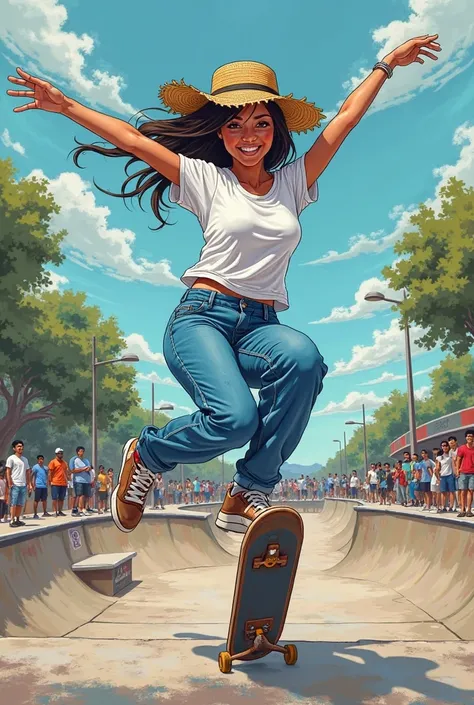 in a street art style called Graffiti create a female character doing a skatestreet maneuver , She is happy and wears a white t-shirt and blue pants with a white stripe. She is jumping for joy with a straw hat on her head she is at a skate park filled with...