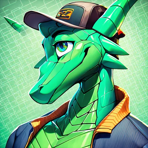 Robotic dragon (not anthro) caff, LED screen face. 4k, high resolution, best quality, posted on e621, solo, cyan_and_forest_green_body, (laboratory background, neural network, forgotten), (trucker hat:1.2), (detailed eyes:1.2), smile, strong shadows, confi...