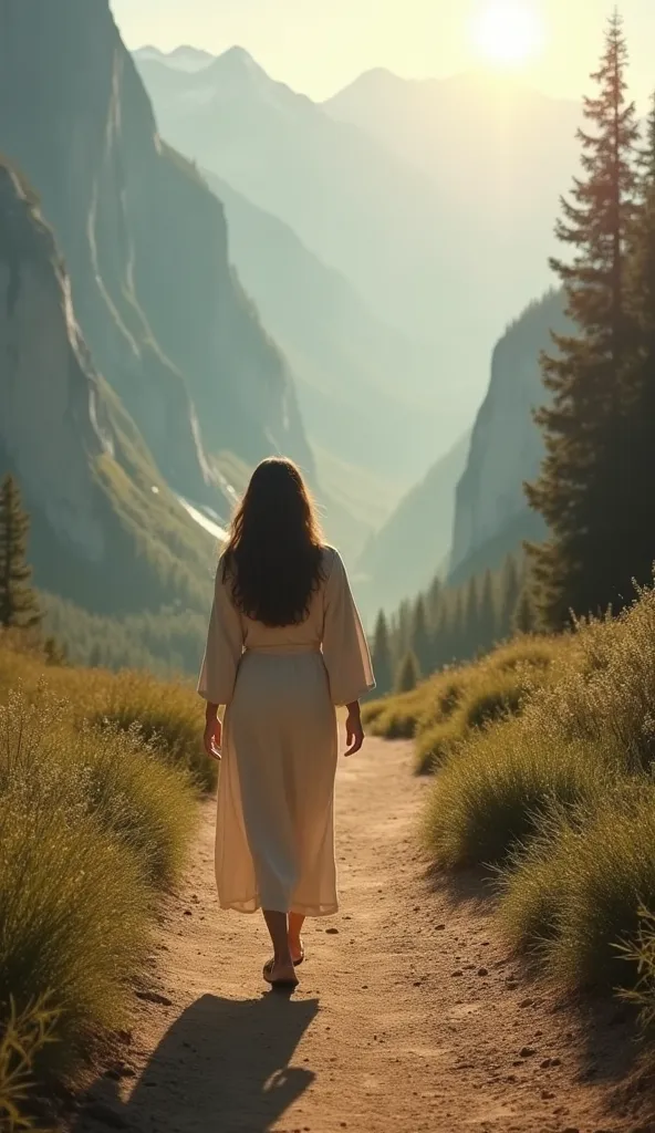 The scene should show a person walking along a serene path, surrounded by stunning natural scenery, such as mountains or a sunlit forest. A soft light should shine in front of them, symbolizing the divine presence that guides and protects. The person's exp...