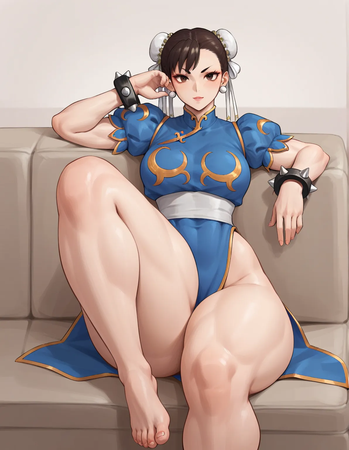 Chun li,thick thighs,sitting in couch 