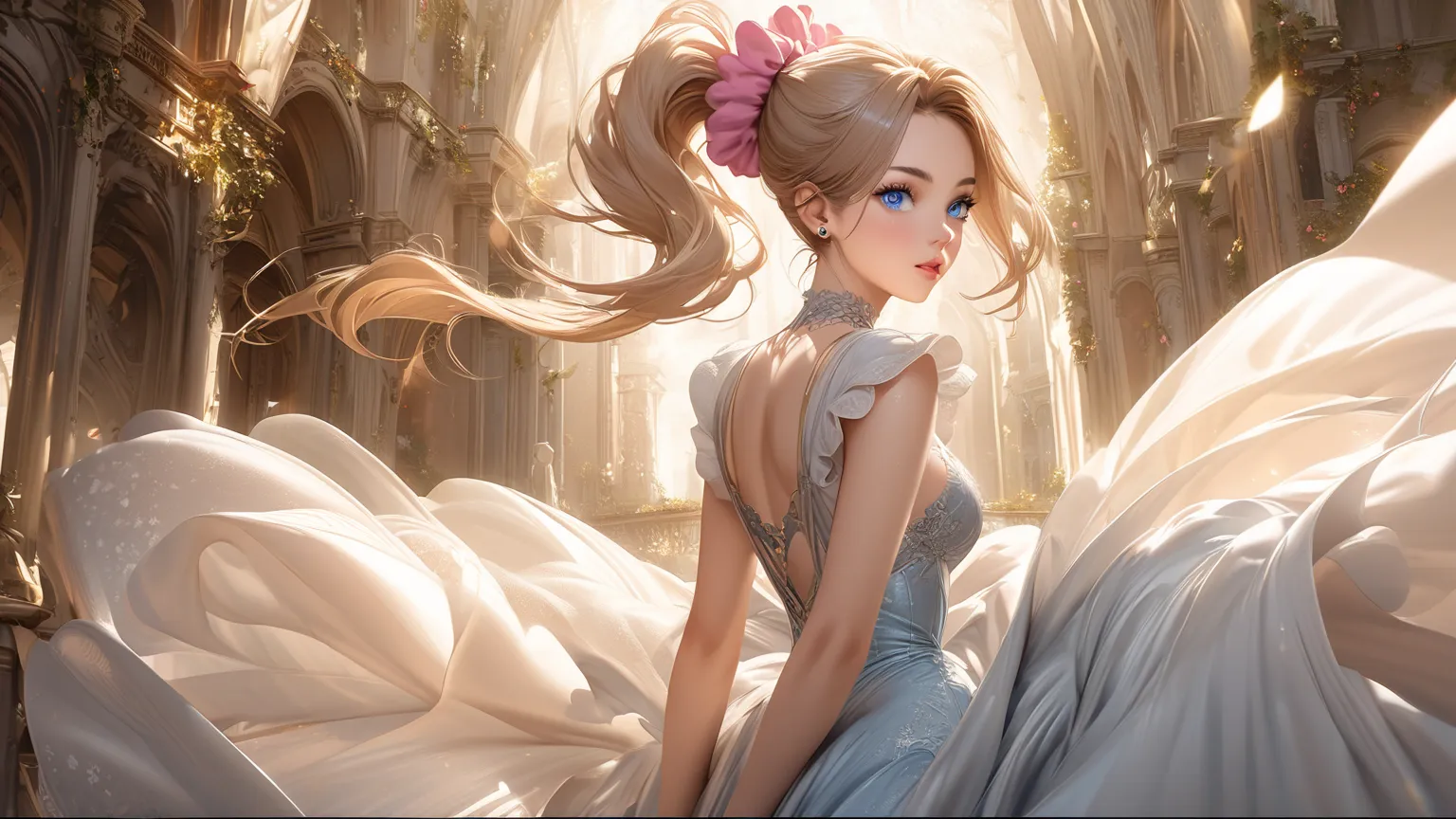 one girl，Big Breasts,  Gold，ponytail， pink scrunchie， background pure white, blue eyes、Cinderella