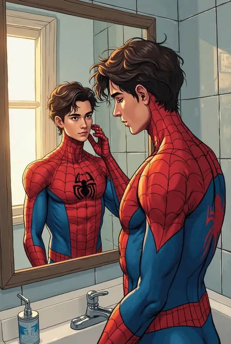 Spiderman from the comics brushing his hair