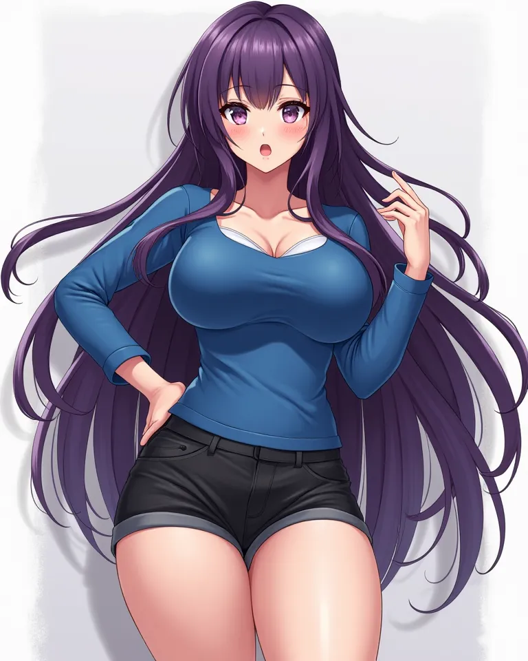 a woman in a blue top and black shorts, anime woman fullbody art, large thighs, bengus, oppai proportions, round thighs, long purple hair, anime character; full body art, a very beautiful berserker woman, thighs, full figure poster, purple long hair, thick...