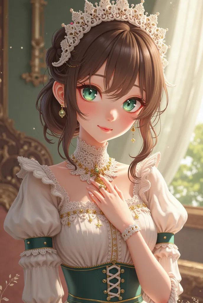 a brown haired girl with green eyes dressed royal maid looking soft and protective anime