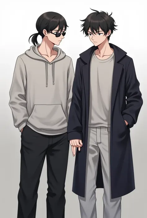 Two  male twins, one of them with a fringe and tied hair wearing dark glasses with loose clothes and a hoodie, The other with short frizzy hair with loose clothes is also a coat 