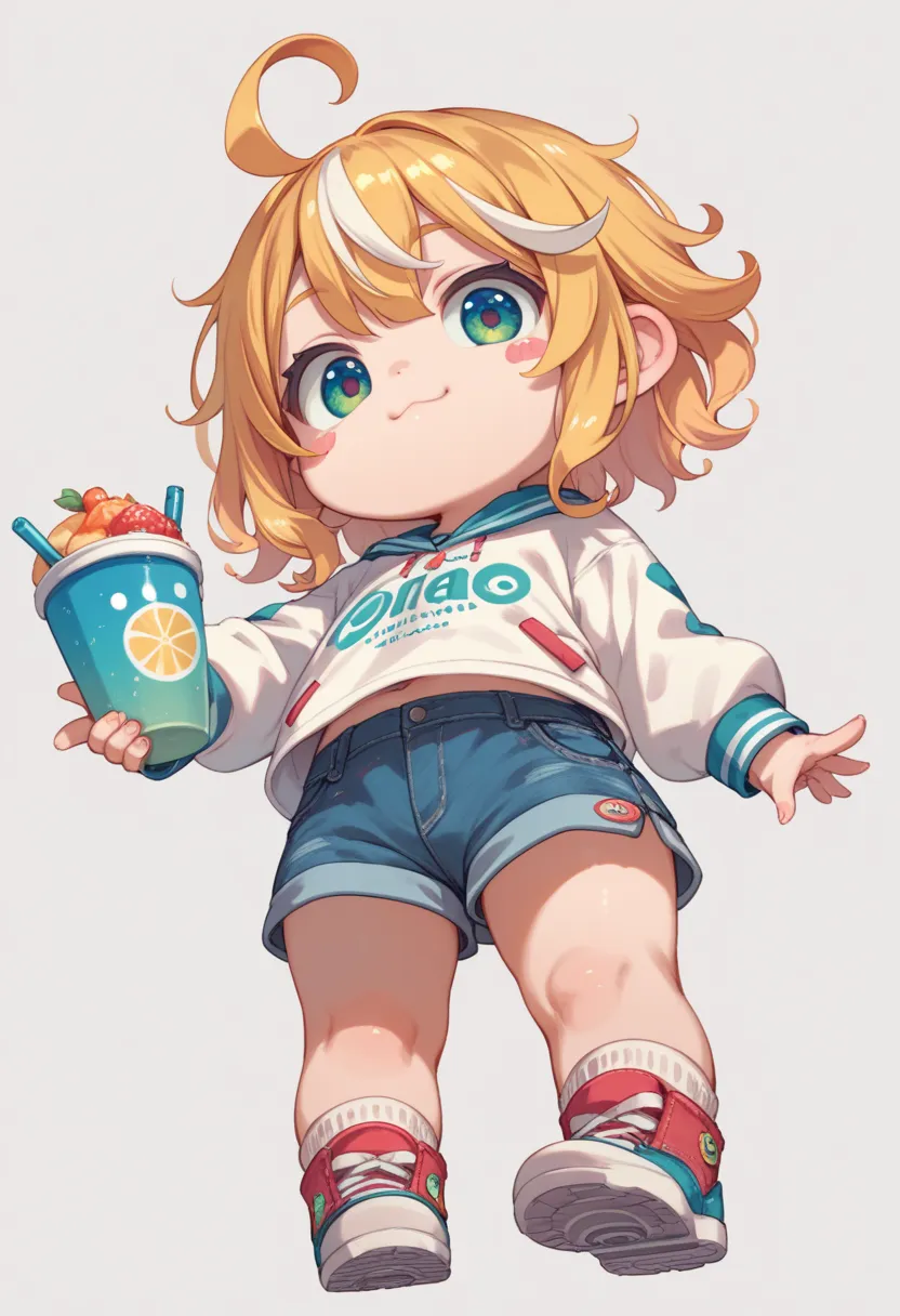 1girl, solo, chibi, doyagao, from below, big eyes, medium hair, streaked hair, standing, simple background, blush stickers, tareme, folding one's arms, proud demeanor, big ahoge, 