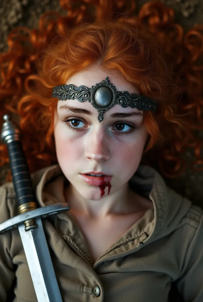 The image shows a young girl with red curly hair, look that frames her face. she has big ones, expressive blue eyes and fair skin. She wears a metal headband with a pendant in the center, which gives her the mysterious, impression of medieval, she's lying ...