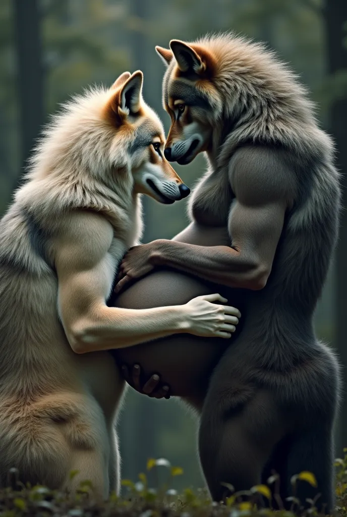 But that both wolves are men, one Alpha and the other Omega., Remember that both wolves must have a human form and one be pregnant with the other being the one who is pregnant smaller than the other that embraces him