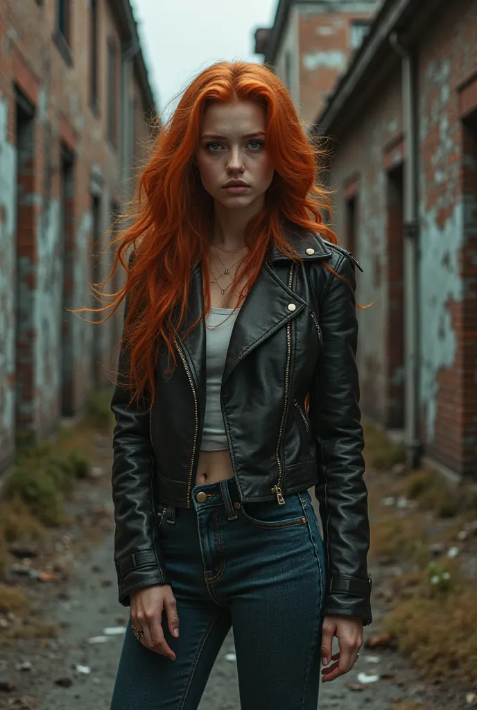 Beautiful redhead girl in a leather jacket and jeans against the background of an abandoned building 