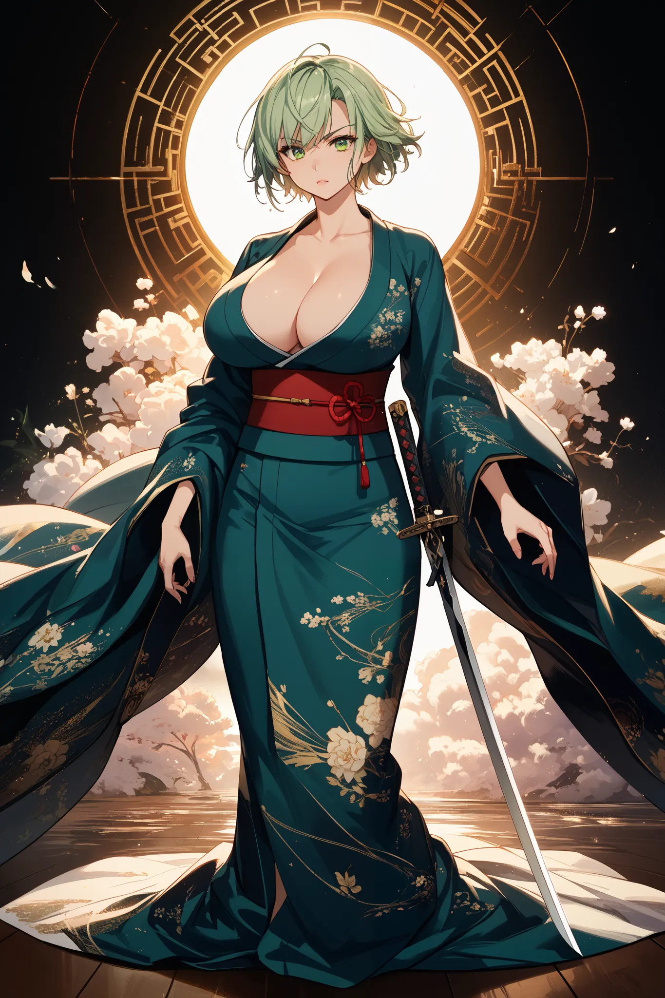 Full body, light green hair, kimono, huge breasts, sword sheath, Iai, heiken, short hair