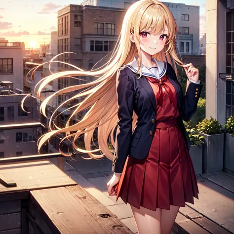 A contemplative scene at sunset on a school rooftop, featuring a high school girl with long blonde hair and red eyes. She is wearing a traditional sailor uniform with a navy blazer, a red skirt, and a red ribbon. Despite her thoughtful demeanor, she wears ...