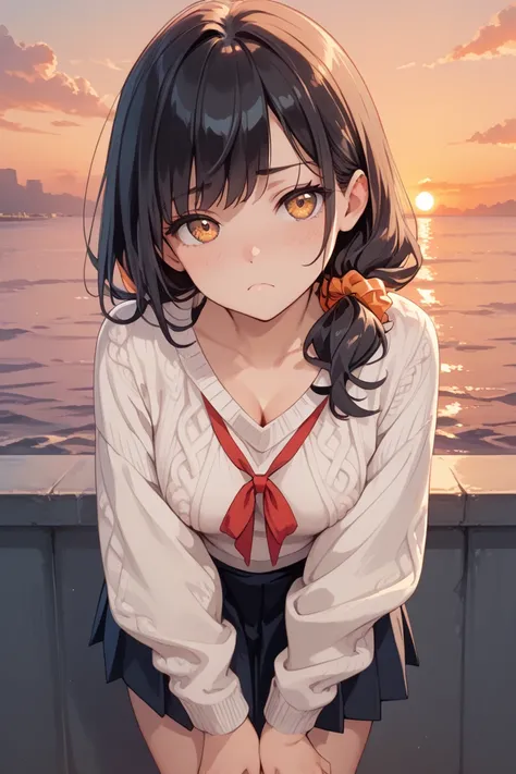 1 girl, bluish black hair, touching the shoulder hair, white sweater, black check mini skirt,light orange socks, red ribbon on the chest, Wear an orange scrunchie on your arm, frown, slightly leaning forward, upward glance, sunset, after school