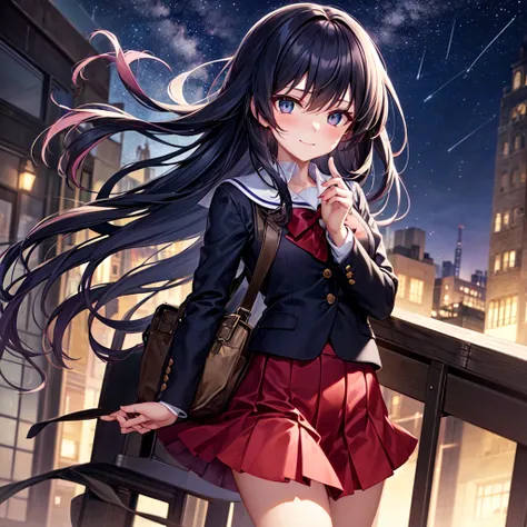 A long-haired high school girl with blackish-blue hair stands on the rooftop of a school at night, deep in thought. Her eyes, a striking shade of purple, gaze thoughtfully over the cityscape. She wears a classic sailor uniform underneath a navy blazer, pai...