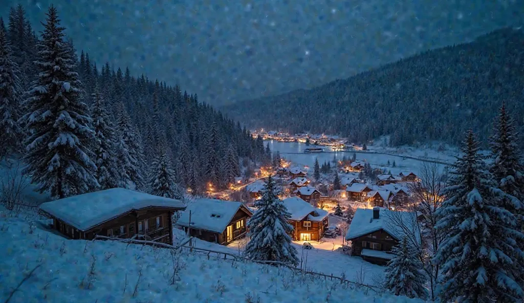 A photo depicting a winter village view and a dark night view . High contrast highlights a distant snow forest and a small sprawling village miss the light of warm lamps. The houses are wooden structures , snow-covered ground. Precise architectural color p...