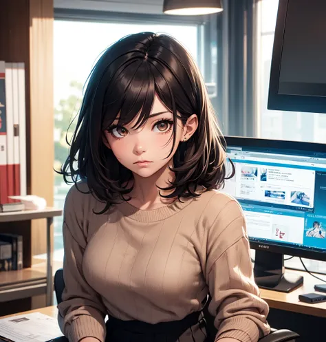 medium hair, shoulder length, black hair, hair between eyes, in the office, sit on chair, 15years old, a Japanese girl, computer, frown, brown eyes, mini skirt, sweater, cowboy shot