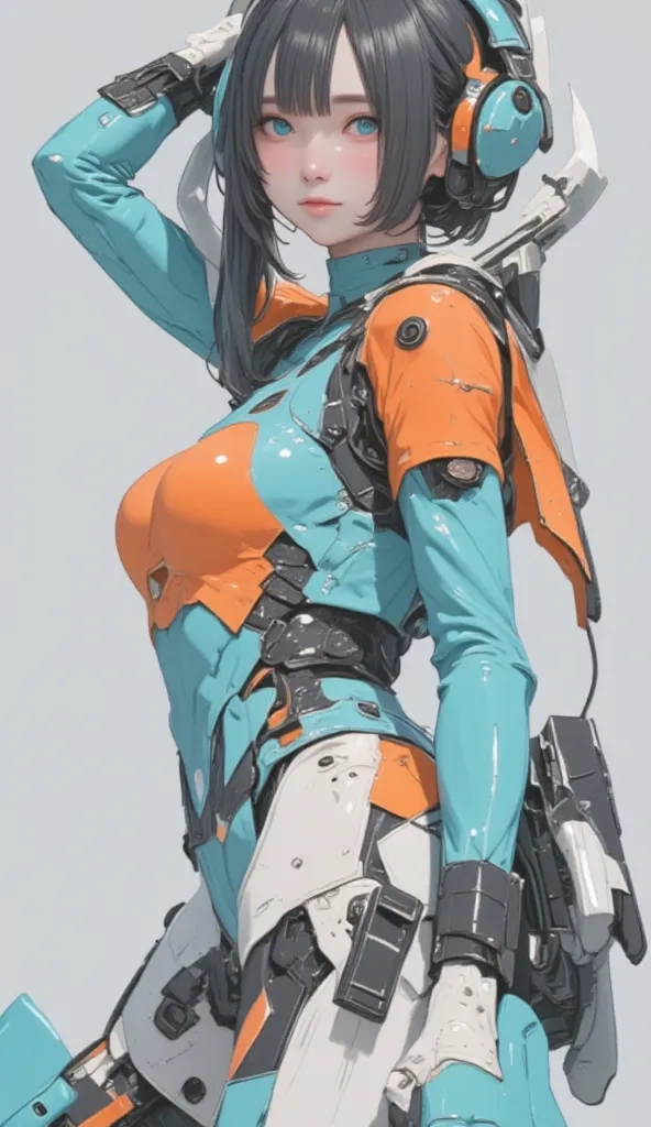  live-action 、Genuine、  full body、 Beautiful Japanese Woman、 Light blue and orange long sleeve leotard pilot suit 、  high technology sneakers  、Helmet in right hand、   the holster is attached to the right thigh   、   black hair、  shortcuts 、   robot with l...