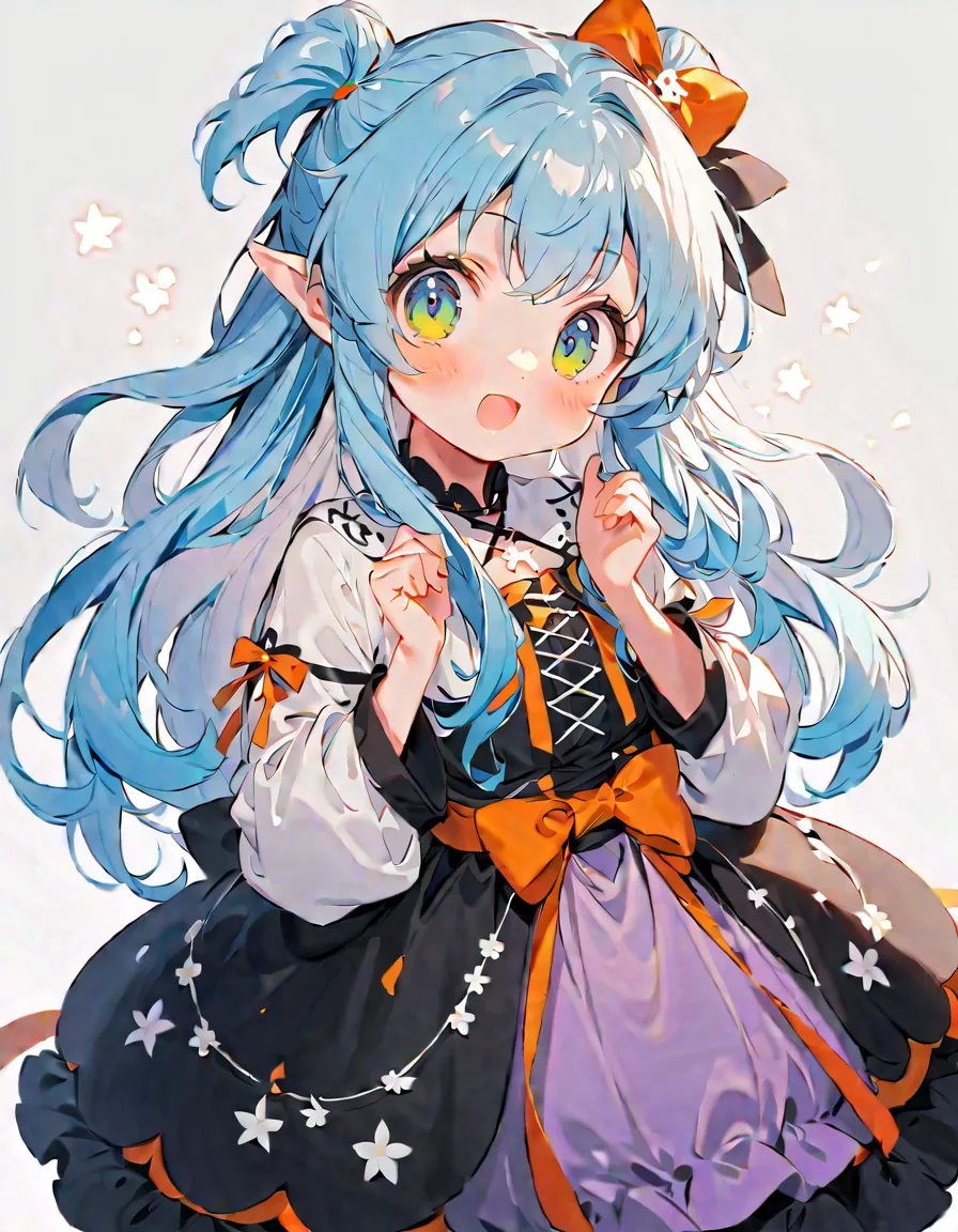   1 girl，，Blink，    world's cutest girl   ，Milk White and Blue Hair Color、 long hair、Wear a colorful and cute gothic kimono costume   ,  Star Fairy ,Wear a colorful and cute gothic kimono costume    with little fairy feathers growing from above your waist ...