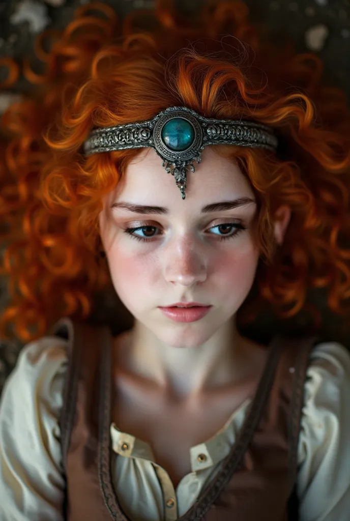 The image shows a young girl with red curly hair, look that frames her face. she has big ones, expressive blue eyes and fair skin. She wears a metal headband with a pendant in the center, which gives her the mysterious, impression of medieval, she's lying ...