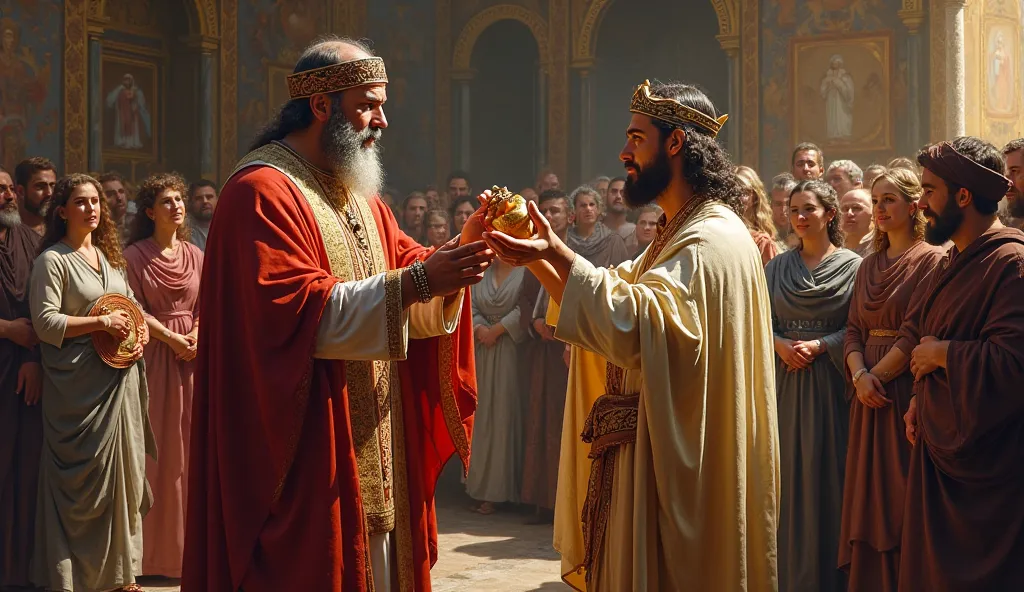 The priest Zadok pouring oil on Solomon's head, surrounded by a cheering crowd. Bathsheba and the prophet Nathan can be seen watching the ceremony with pride.