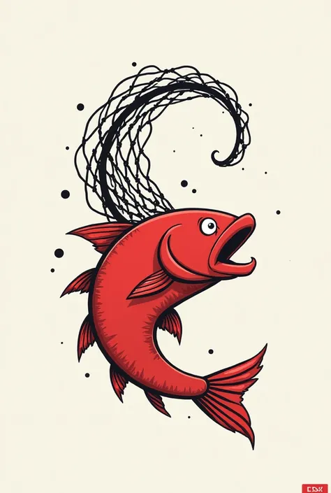 "Create a stylized digital illustration featuring a red fish with an aggressive, dynamic expression, shaped like the letter 'C'. The fish has sharp fins, an open mouth, and a bold, cartoonish appearance with minimal detailing. Above the fish, there is a la...