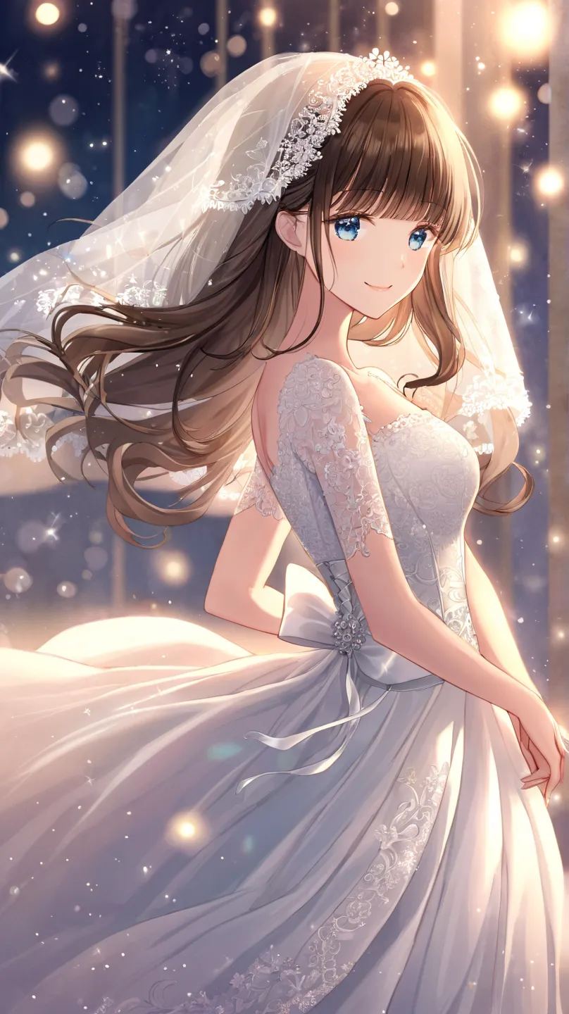 "A soft, serene illustration of a young woman wearing a wedding dress with intricate lace details. She has long, dark brown hair with bangs, wearing a delicate lace veil. The woman has light blue eyes and a gentle smile. The dress is elegant with a corset-...