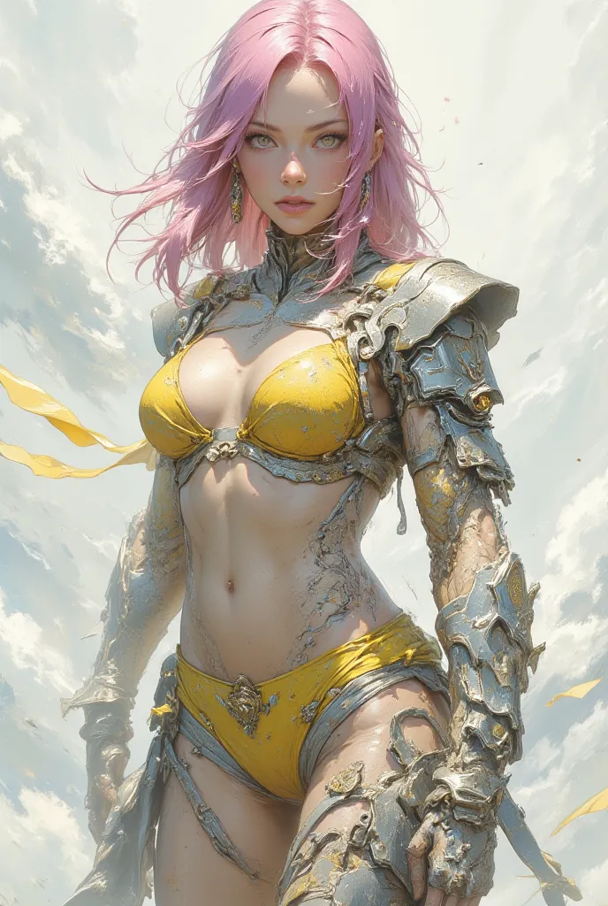  female fighter wearing bikini armor , Muddy Skin , pink hair with yellow mesh, Highly Exposing with Bikini-shaped Armor , tops and bottoms ,RPG Character Art , Shoulder Braces and Gauntlets are Decorative ,Extremely detailed character design, Visual Appea...