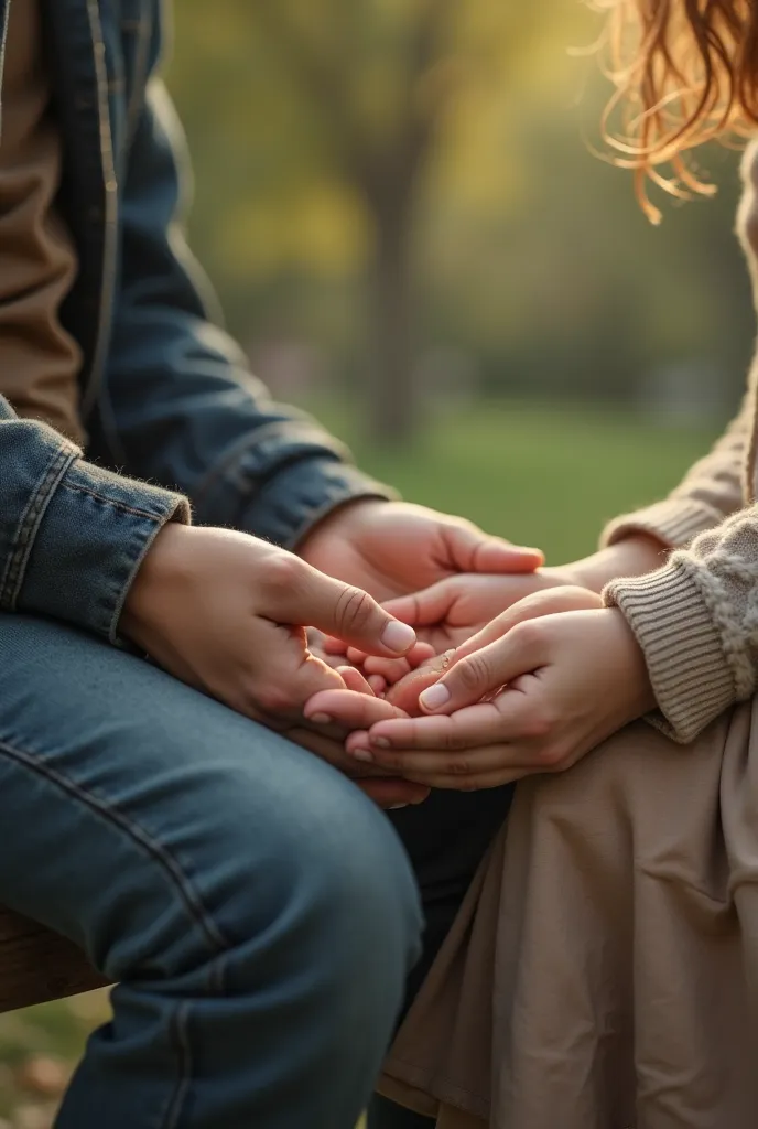 A pair of hands held, A small and brunette as a girl and a big one as a boy, that they are sitting on a bench and in the background a park